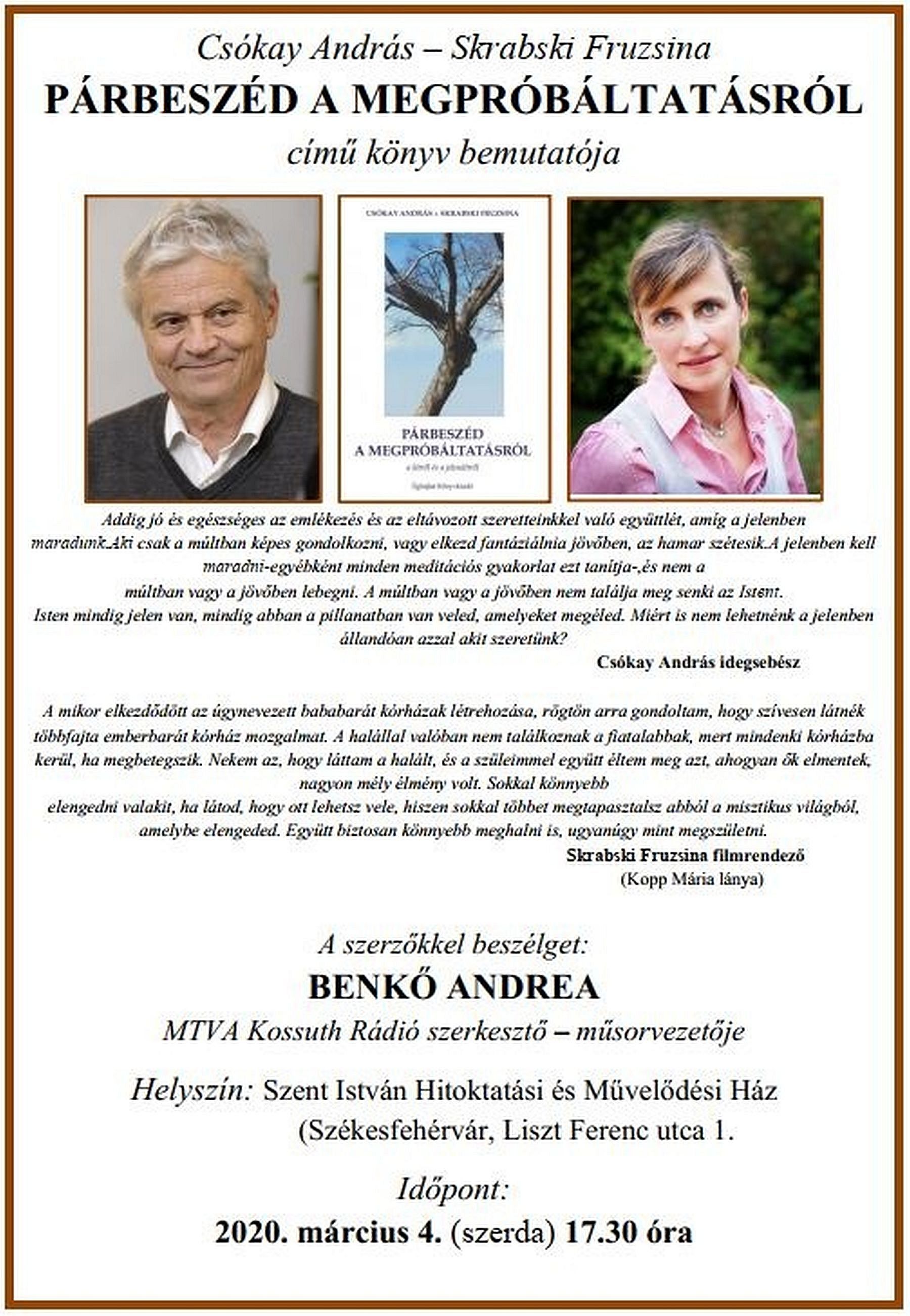 Párbeszéd a megpróbáltatásról - Csókay András és Skrabski Fruzsina kötetét mutatják be